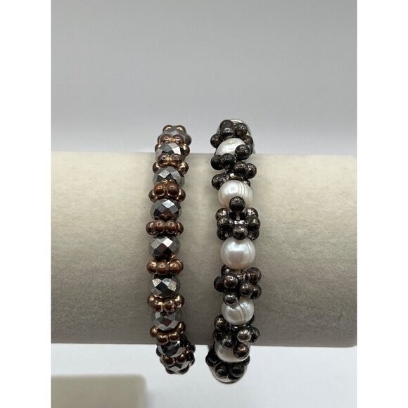 Boho Chic Beaded Necklace & Bracelet Set Statement Jewelry Black & Silver - Picture 3 of 7